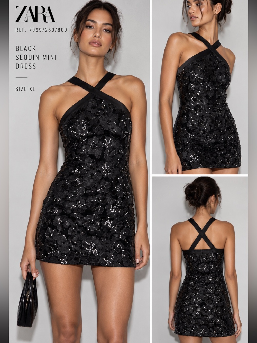 Zara Black Sequin Floral Mini Dress NWT XL 7969/260/800